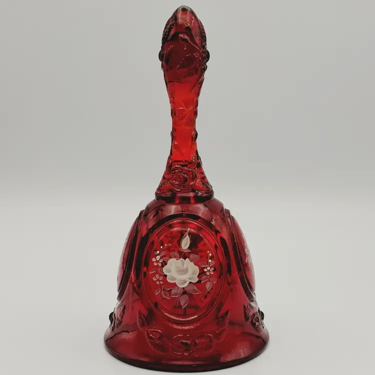 #01 Fenton Ruby Red Glass White Roses Hand Painted on Embossed Rose Medallion Bell