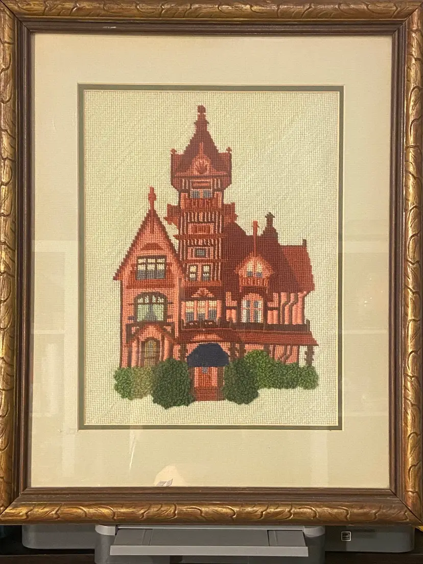 Framed Victorian cross-stitch art By Alice M.