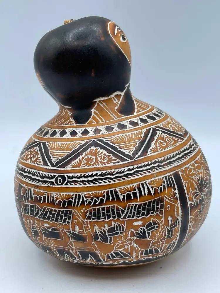 Vintage Peruvian Intricate Hand Carved Storyteller Gourd Farm Scene Female Form. Peru