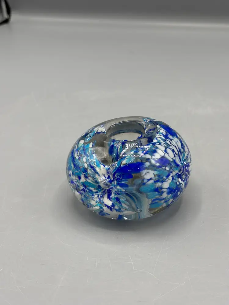 Vintage glass candle holder with blue & white swirls