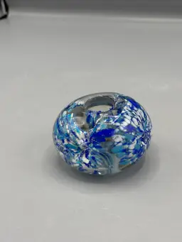 Vintage glass candle holder with blue & white swirls