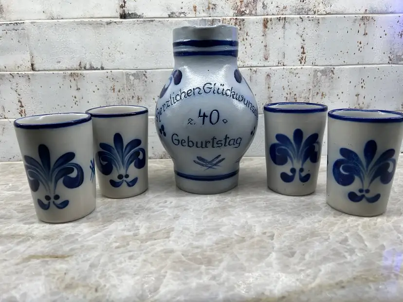 Vintage German Salt Glaze Pitcher & 4 Cups