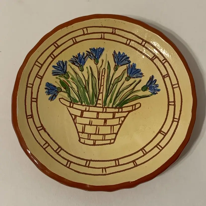 VTG Red Oaks Pottery Pam Armbrust Redware Folk Art Flower Basket Dish