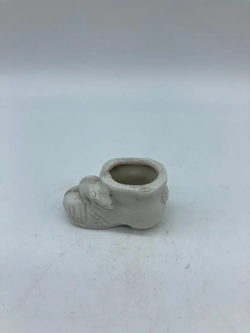 Tiny White Ceramic Boot with Mouse