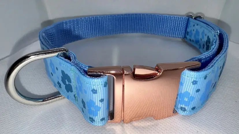 Dog Collar Blue Flowers & Rose Gold Large Handmade Heavy Duty Metal Buckle NEW