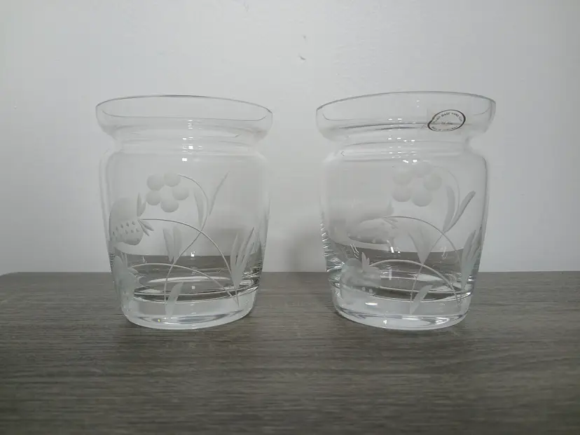Vintage Hungarian Etched Crystal Strawberry Vase Set of 2