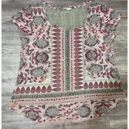 Lucky Brand Top L Pink Gray Paisley Floral Linen Viscose Blend Boho Casual Chic