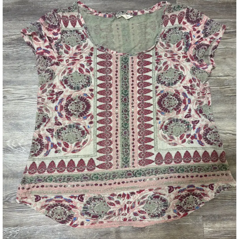 Lucky Brand Top L Pink Gray Paisley Floral Linen Viscose Blend Boho Casual Chic