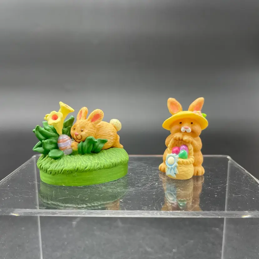 Hallmark Merry Miniatures Blue Ribbon Bunny Easter Egg Hunt Vintage Figurines Lot Of 2