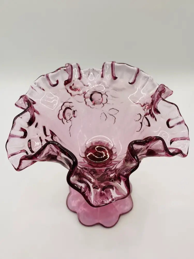 Vintage Fenton Cabbage Rose Ruffled Compote Dish