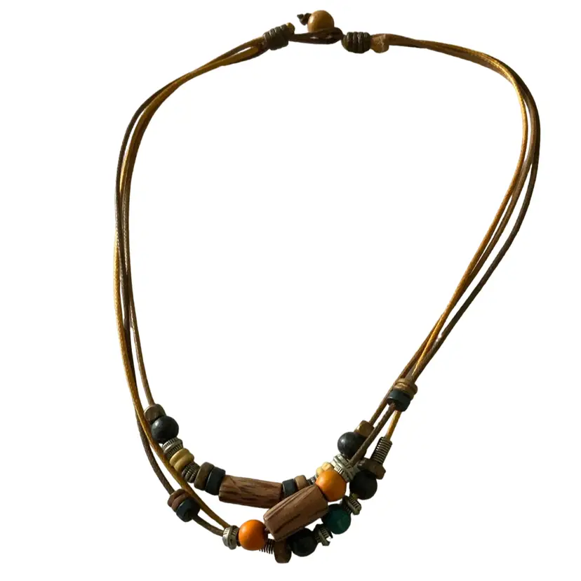 Vintage Brown Orange Teal Glass And Wooden Beads Beads Costume Jewelry Necklace 