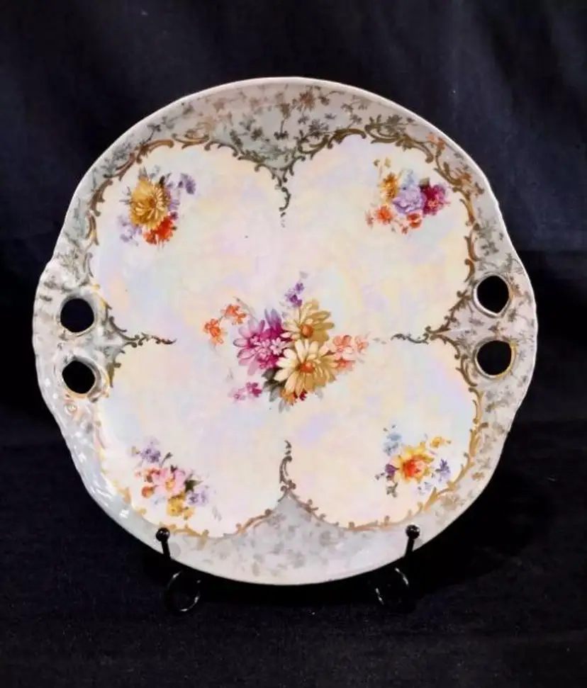 Antique Victoria Carlsbad Austria Floral Porcelain Serving Plate Iridescent
