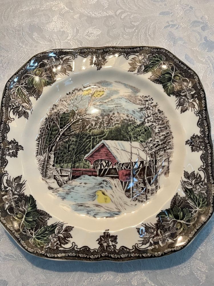 Johnson Bros The Friendly Village 4 Salad Plates Covered Bridge England, 7.75"