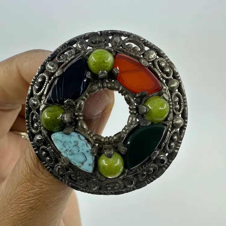 Scottish Celtic MIRACLE Multi Stone Round Brooch or Pendant Signed