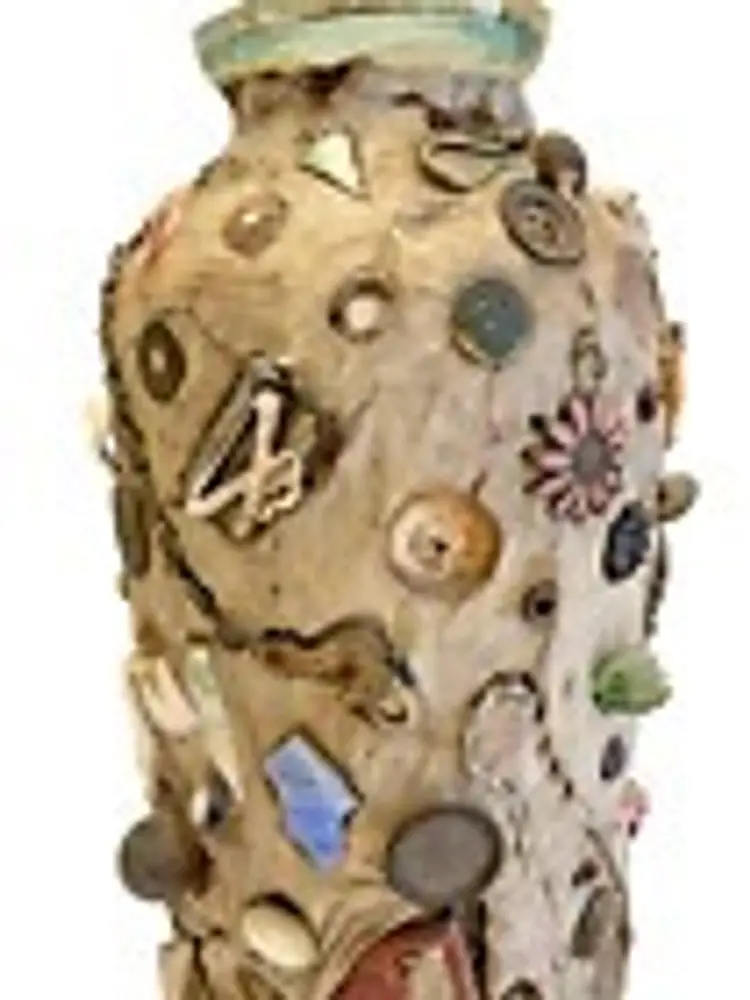 Memory Jar Jug Crock Handmade Keepsake Glass Buttons Chain Picture 9 In Tall Vtg