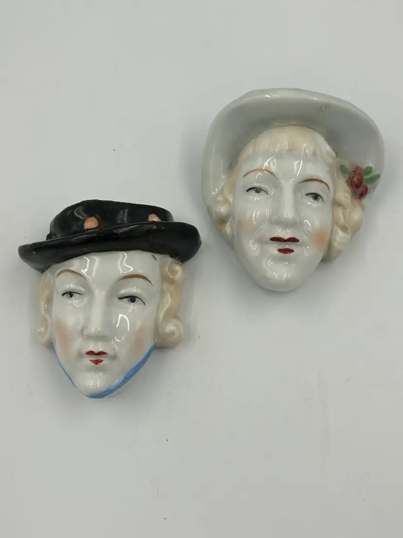 2 Vintage Lady Head Vases Wall Pockets Hanging Mini Art Deco Wall Decor Japan