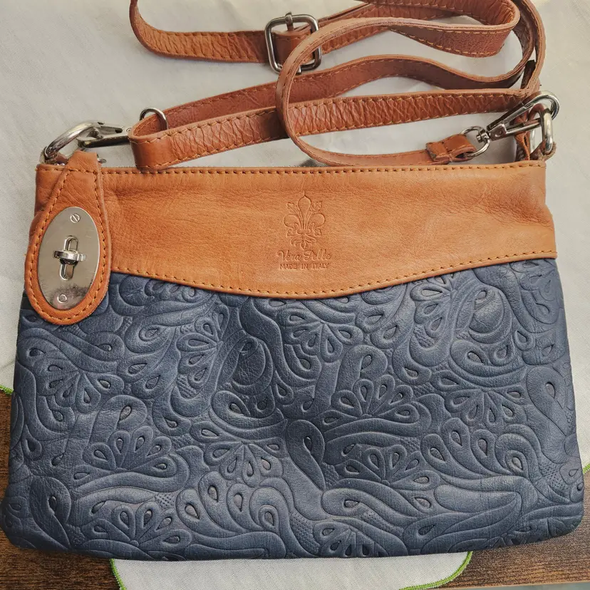 Vera Pelle Leather Crossbody Bag Navy Blue Made In Italy