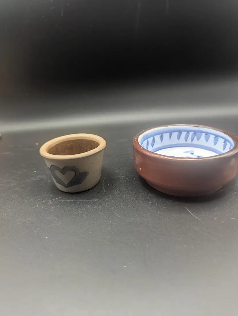 Vintage Miniature Salt Glaze Crock And Small Blue Porches Algarve Portugal Finger Bowl 1988 Signed