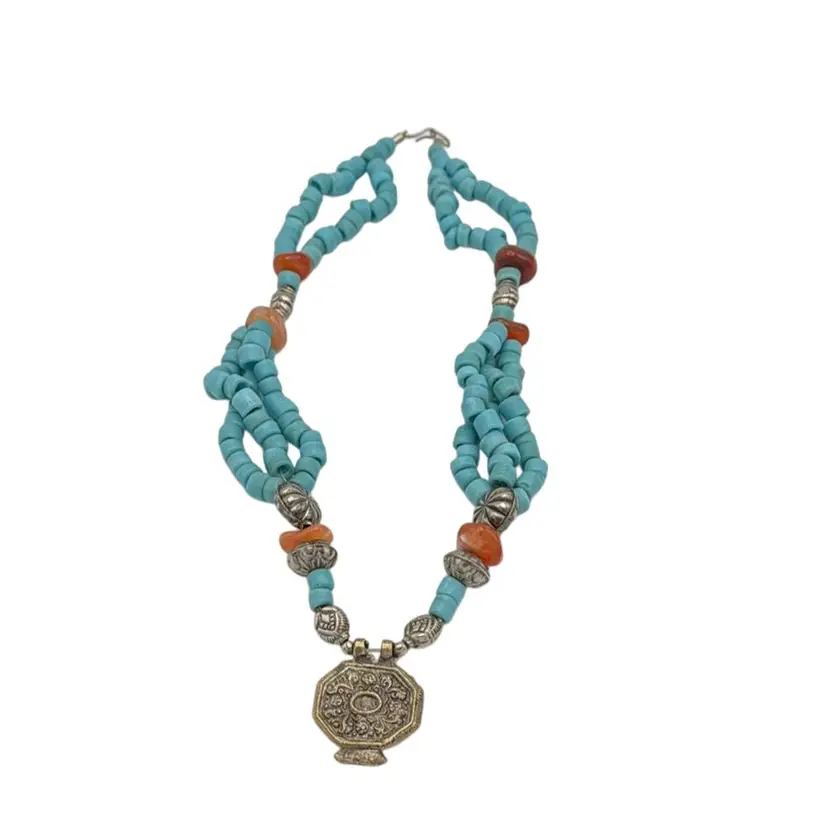 Vintage Tibetan Necklace With Sterling, Howlite And Red Coral Beads & Brass Pendant - 4 0z, 20” Chain, 1.5” Pendant