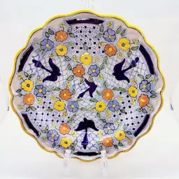 Vintage Ysauro Uriarte Mexican Talavera Plate 9” Blue Green Yellow Flowers Birds