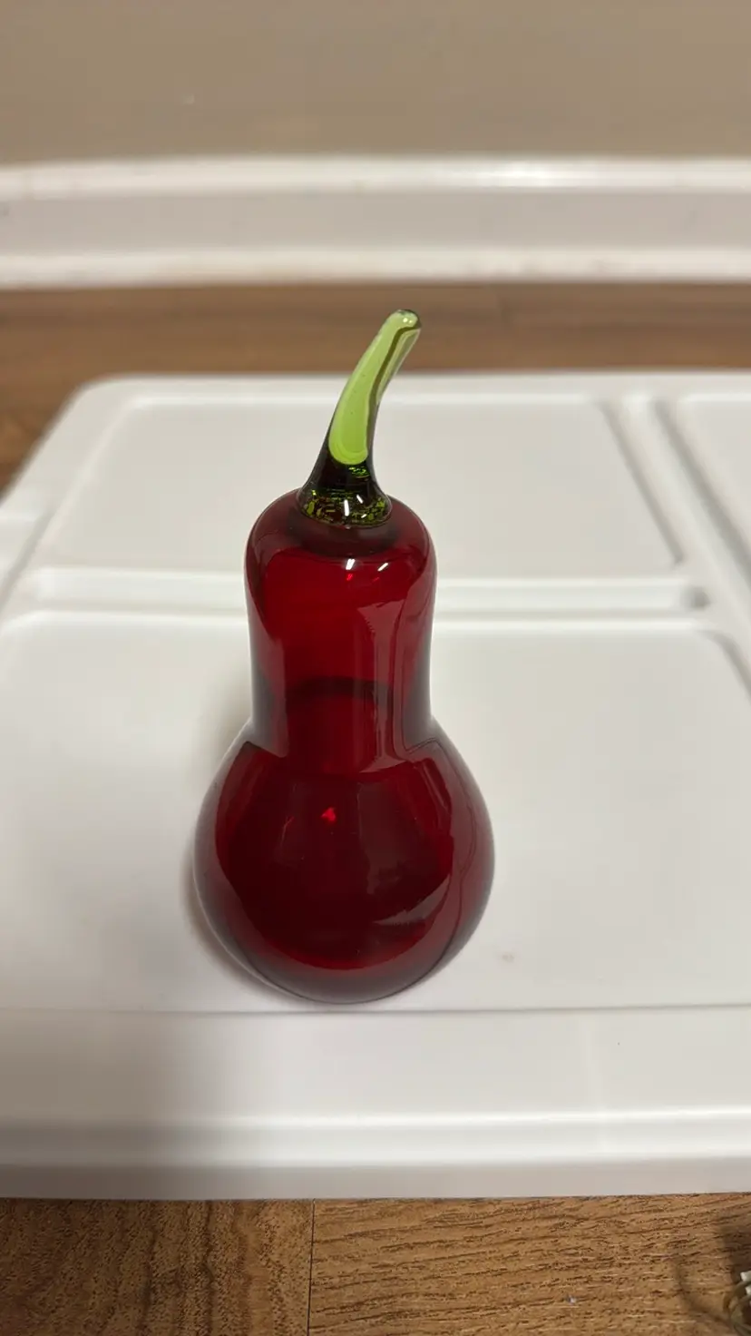 Viking Art Glass Ruby Red Epic Pear Green Stem Hand Blown Vintage Cadmium Glow