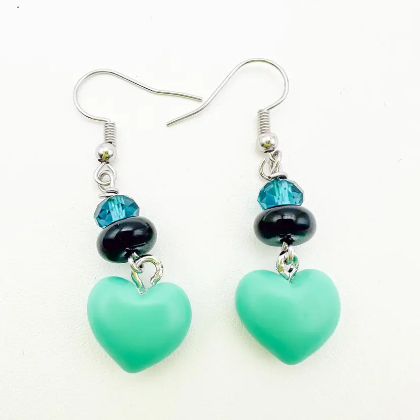 Valentine's Day Heart Earrings Turquoise Color with Blue and Black Accent Handmade