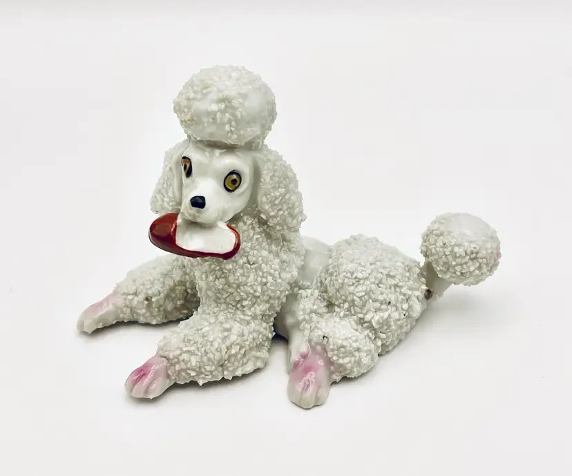 Vintage, MCM, Porcelain, Sugar/Spaghetti French Poodle, White/Pink, Holding Shoe