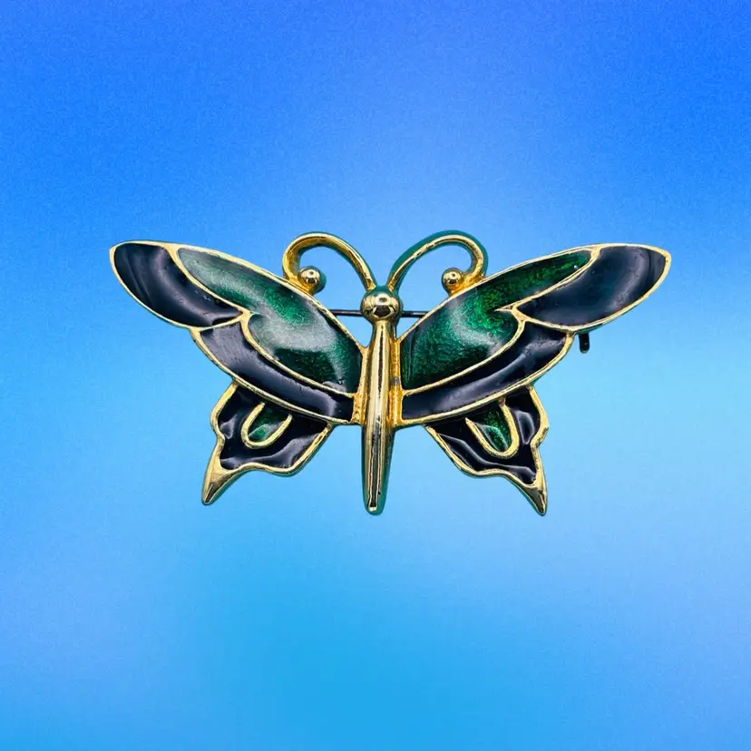 Vintage SFJ Green & Black Enamel Butterfly Brooch – Gold Tone – 1980s Costume Jewelry