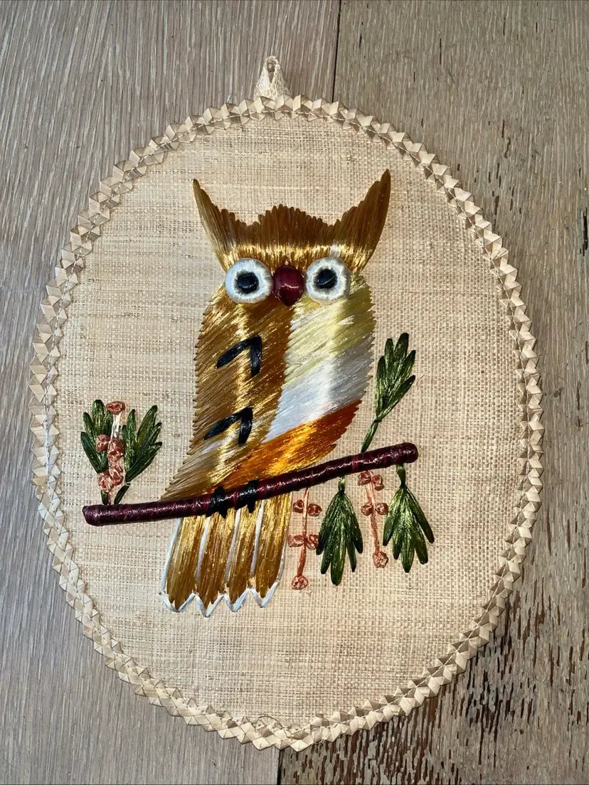 Vintage Owl Wall Hanging Woven Straw Fiber Rafia Art 1970's Made in Philippines?