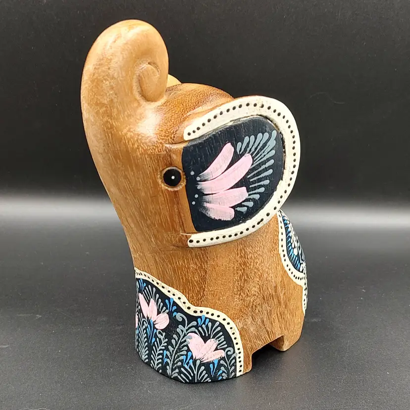 Hand Carved Wooden Folk Art  Elephant With Lotus Motif