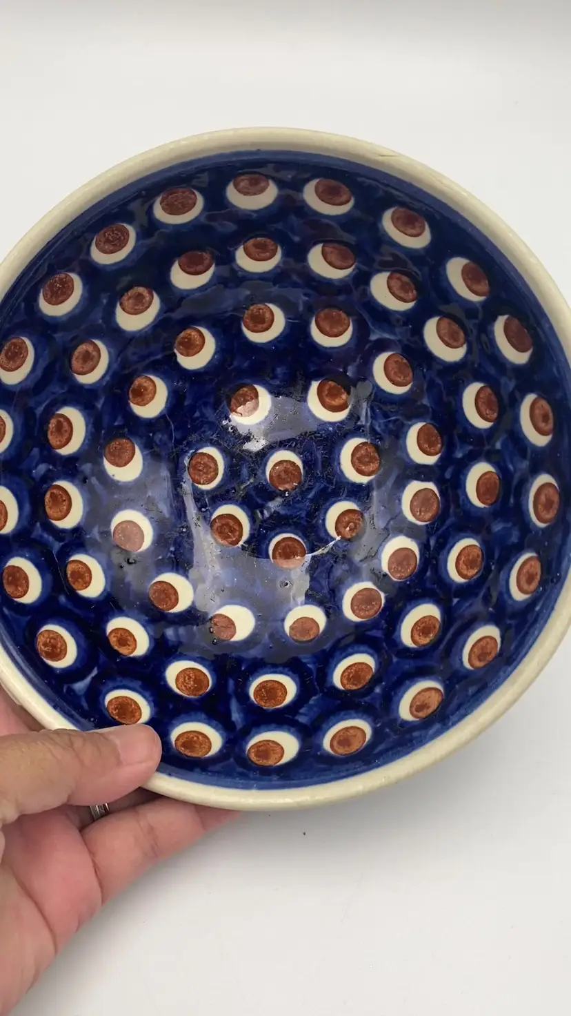 Boleslawiec Polish Pottery Hand Made in Poland Peacock Eyes Bowl 7in Stoneware