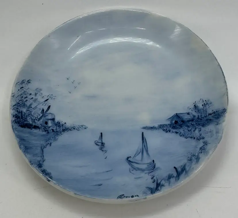 Vintage 4" Hand Painted Porcelain Plate Blue Sailboat Signed A. Owen Wall Hang