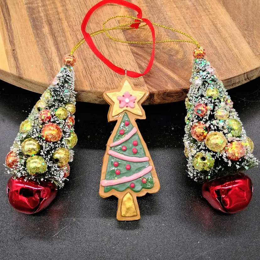 Christmas Ornaments 2 decorated Bottle Brush Mini Trees and 1 Kurt Adler Tree shaped ornament.