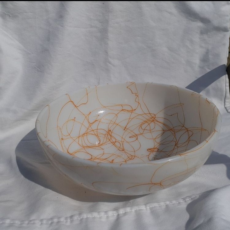 Vintage Hazel ATLAS Butterscotch Drizzle Milk Glass Bowl MCM