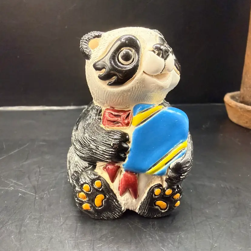 Hand Sculpted Pottery Panda With A Present Figurine 2.5”