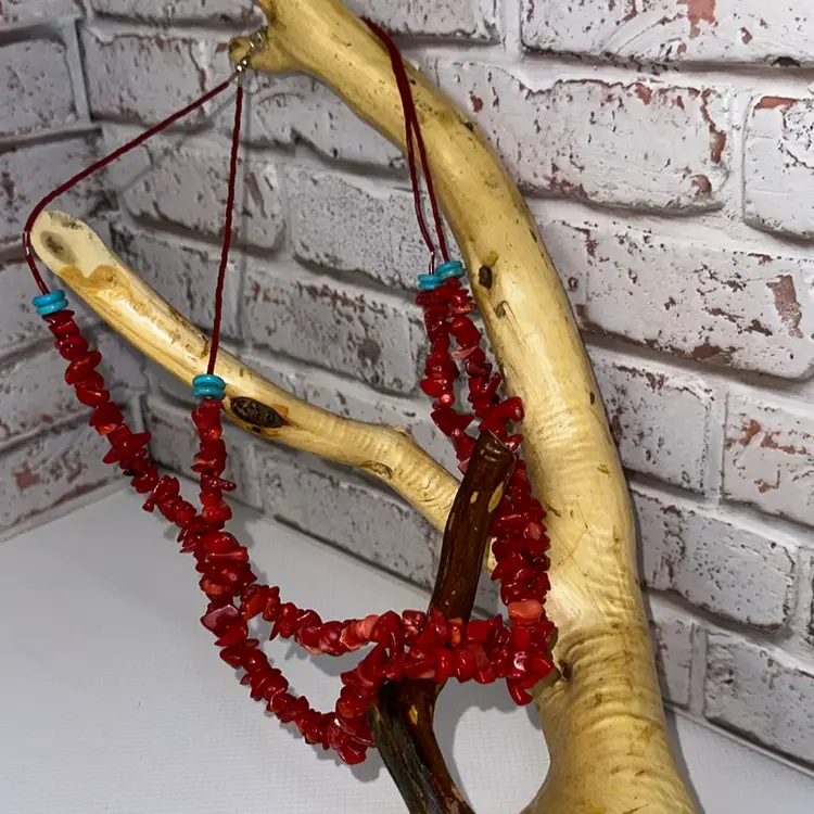 Bamboo Coral Faux Turquoise Necklace with Two Strands of Coral a Little Over 13” Long