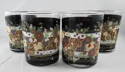 Oleg Cassini Black Floral Old Fashioned Whiskey Barware Glasses x4