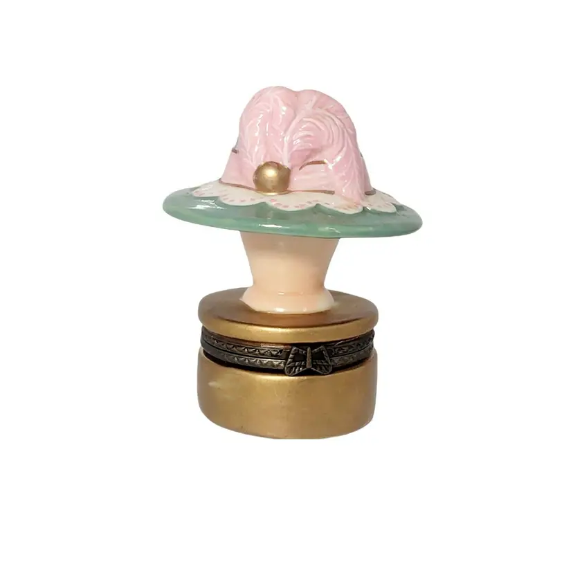 Vintage Green with Pink Bow Victorian Hat Hinged Trinket Box  includes Trinket