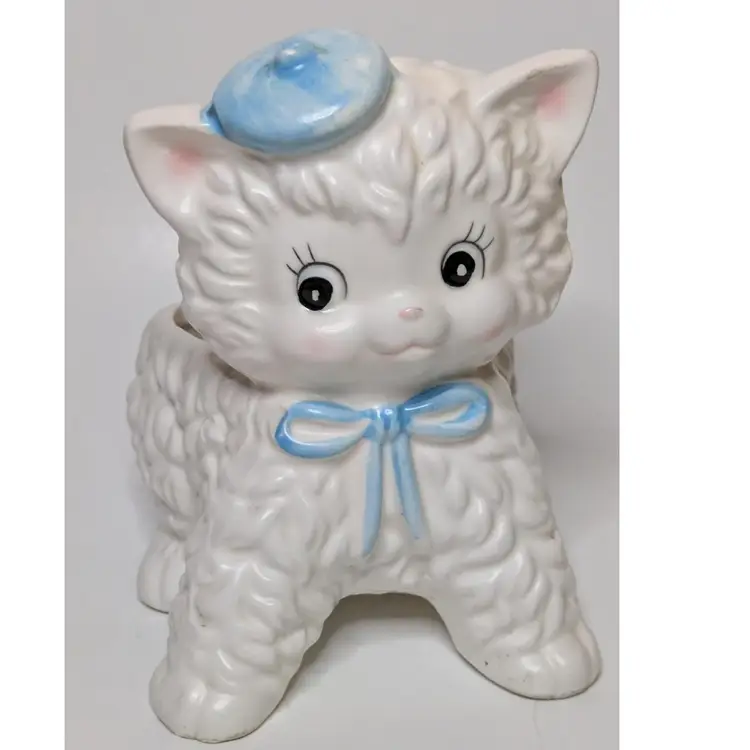 Vintage Napco French Kitty w/Blue Beret and Bow Ceramic Planter, Japan, Kitsch, C-6354
