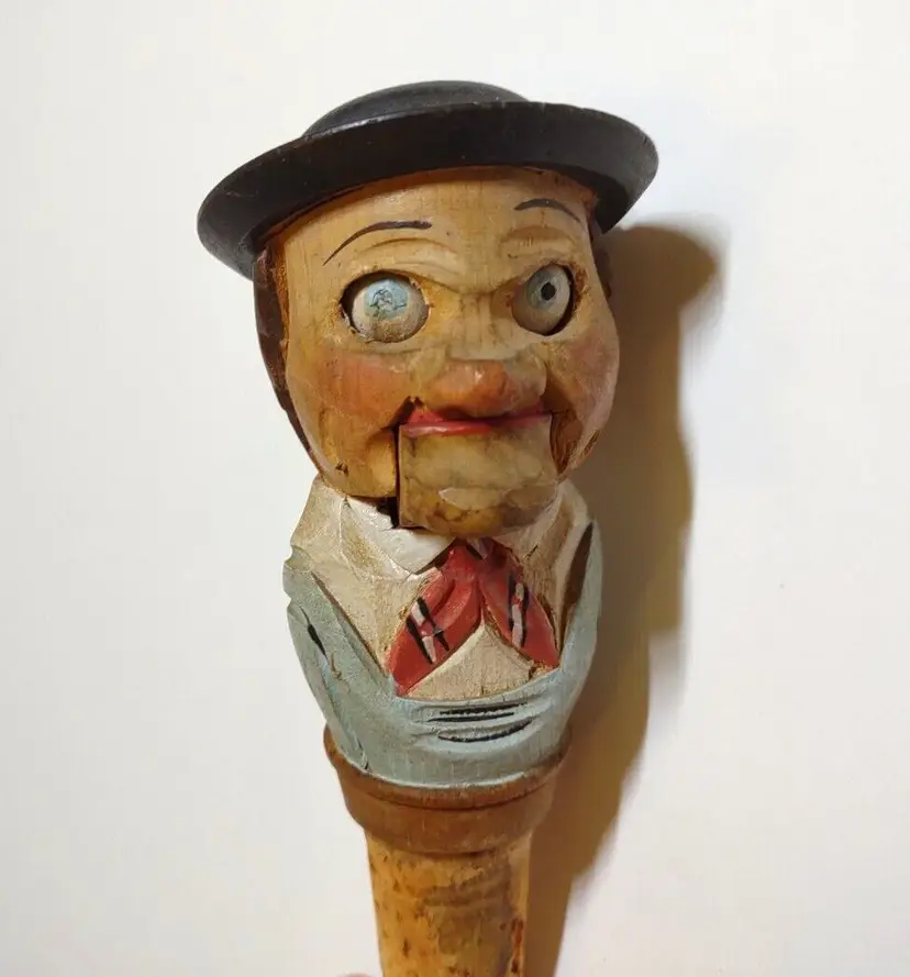 ANRI Blinking Eye Jaw Drop Bottle Stopper Wood Hand Carved Puppet Barware Cork
