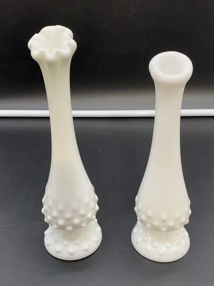 Set of 2 Fenton Milk Glass Hobnail Pedestal Swung Vases 8-1/2" & 7-3/4"