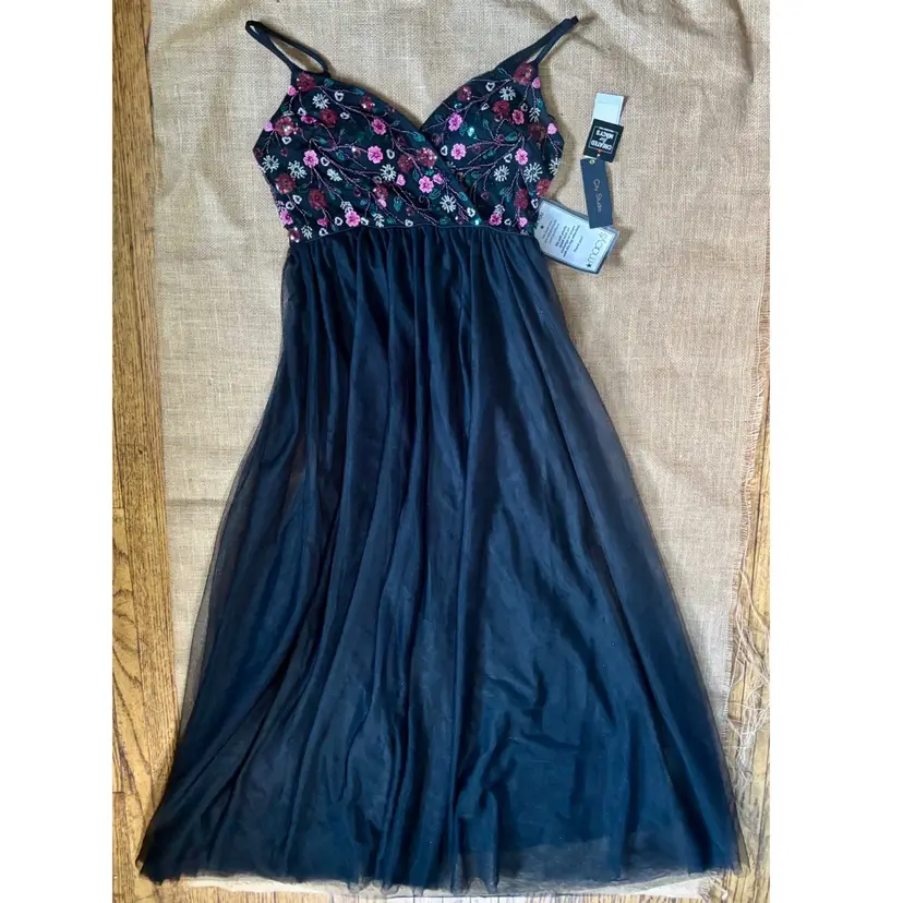 Vintage Beaded Sequin Bodice Black Tulle Prom Dress Gown Juniors 13 Womens M