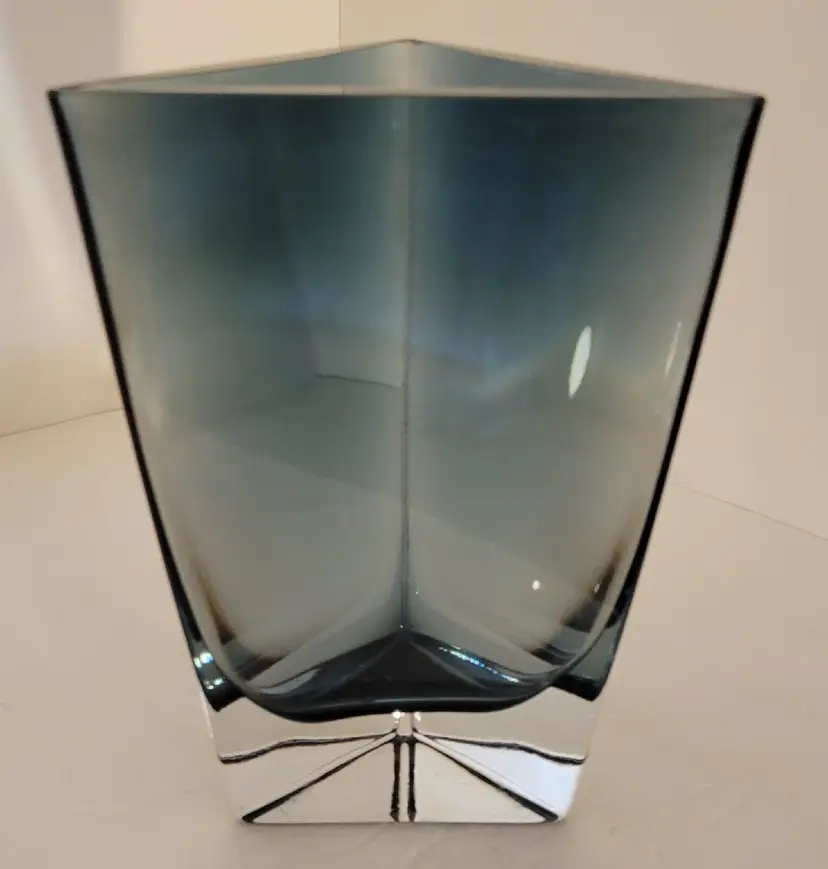 Art Glass Smoky Blue Triangular Vase 1980