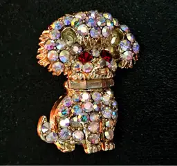 Vintage Aurora Borealis Brooch Poodle Dog Red Rhinestones Eyes 1.6" Pristine EUC