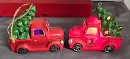 2-Light Up Red Truck w/Christmas Tree Ornaments-Working Batteries Included