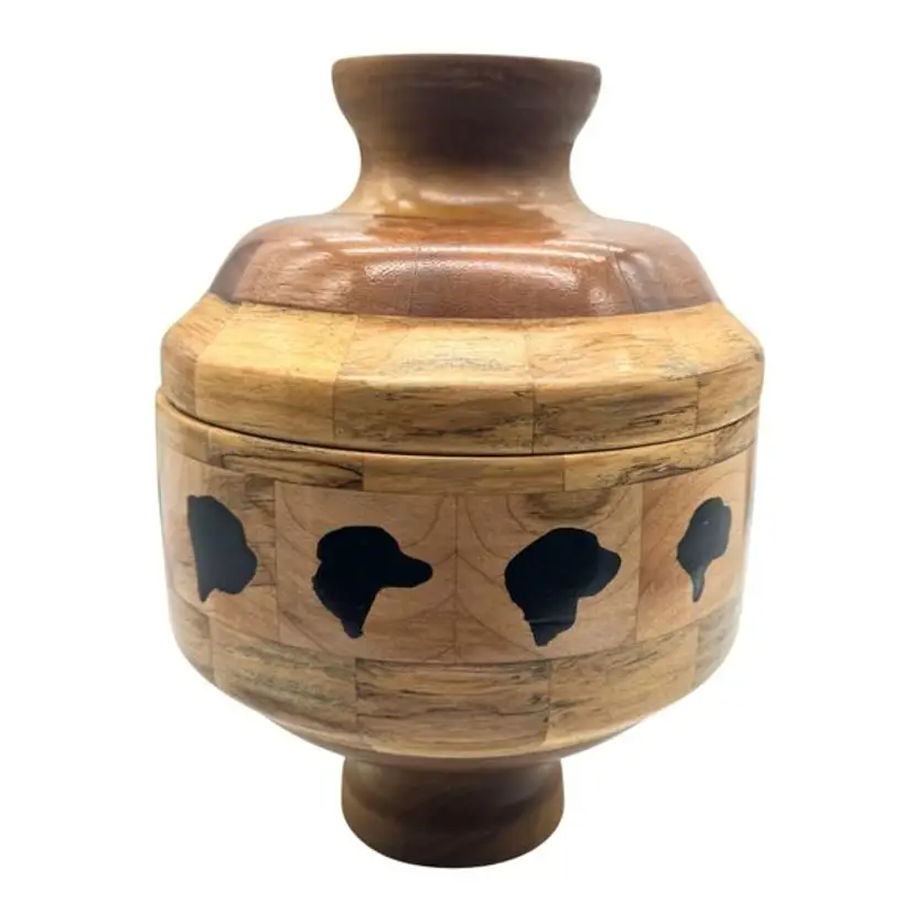Handcrafted Wooden Urn or Container With Dog Silhouette Inlays 12"H x 9"W