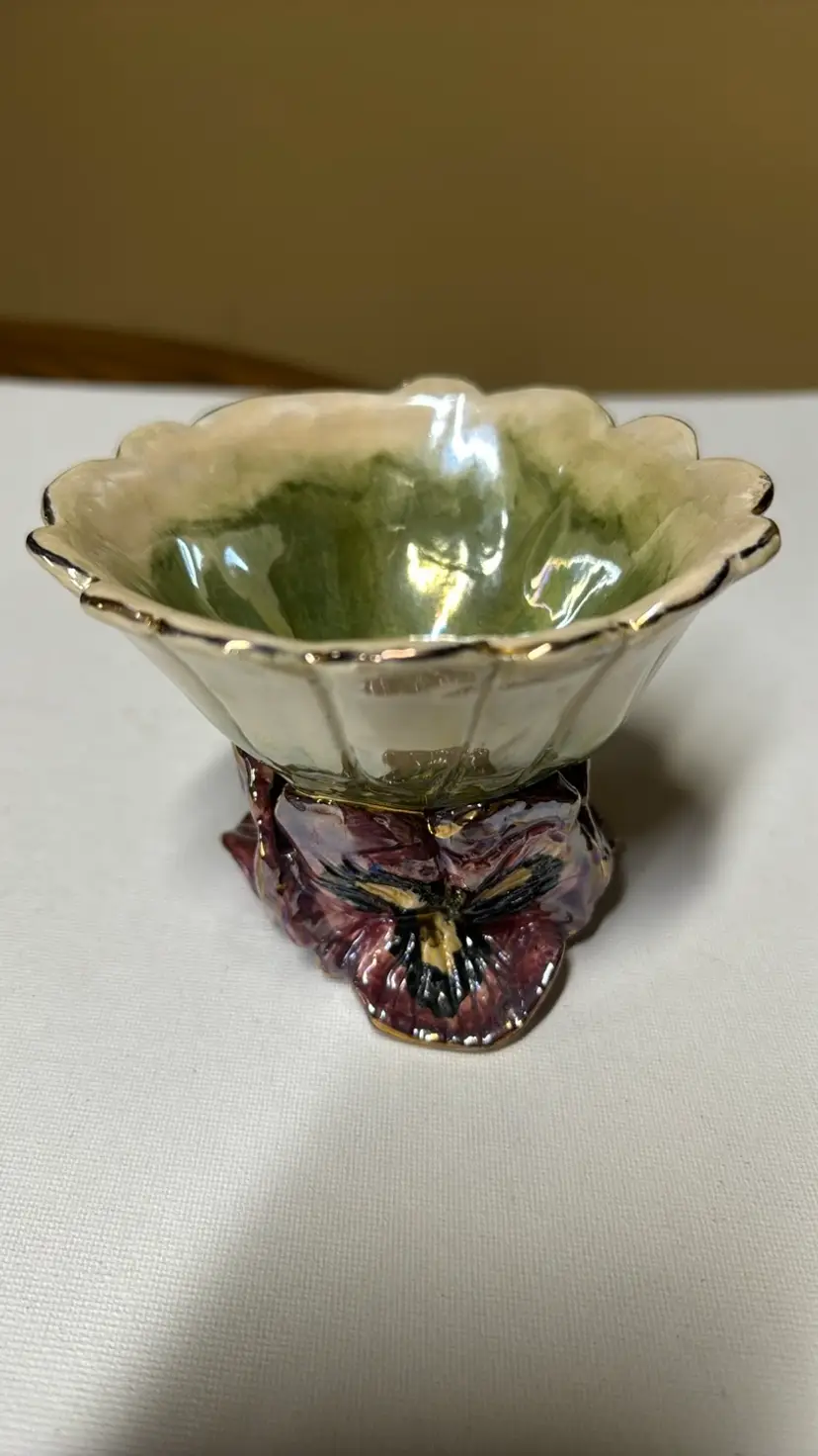 Heather Goldminc 2000 trinket bowl with flower pedestal Blue Sky Clay Works