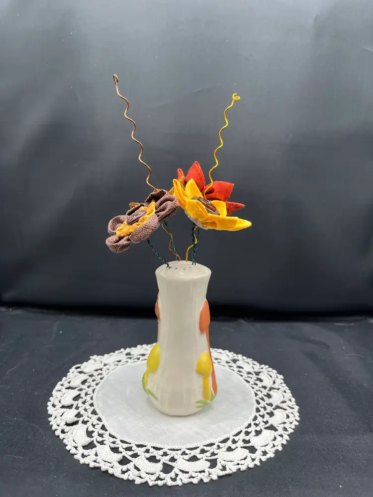 Made By Me Fabric And Button Flowers In A Vintage Porcelain Mushroom Shaker
 7” x 3.5”