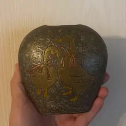 Vintage Solid Brass Cloisonne Goose Floral Detailed Vase