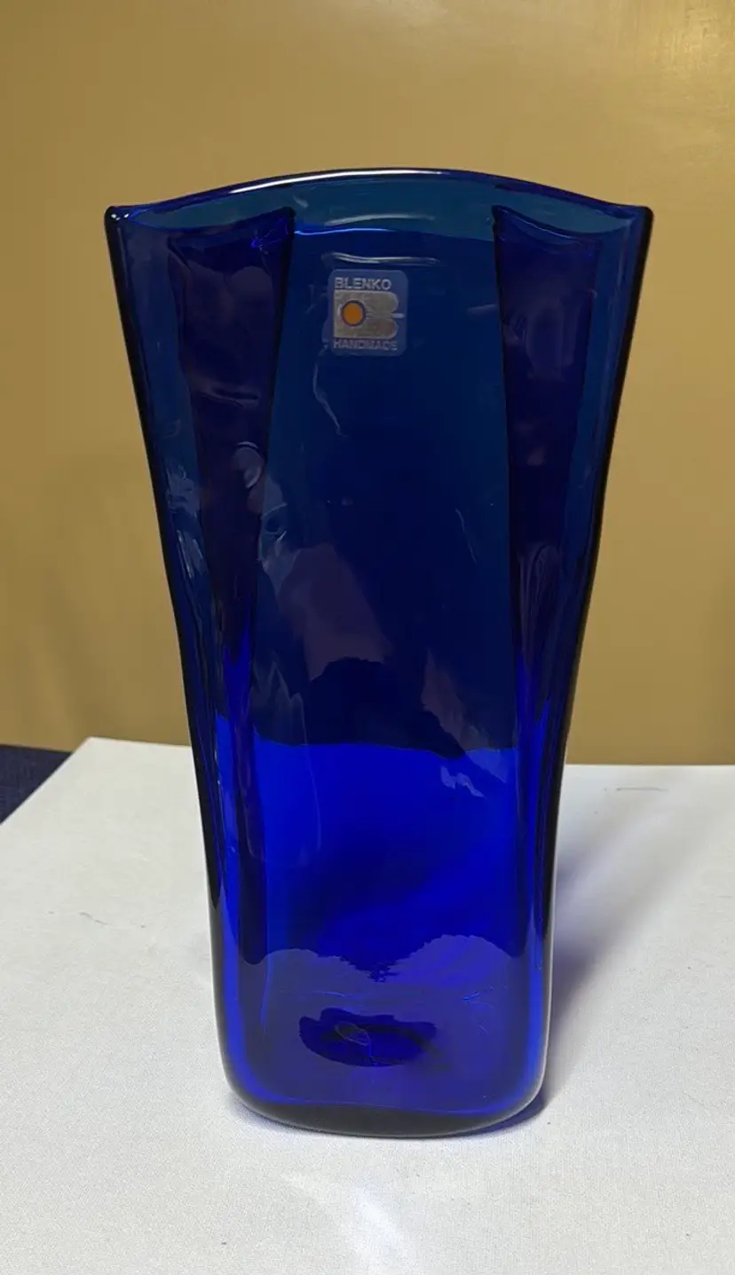 Blenko Hand Blown Art Glass 10.5" PAPER BAG Vase in Cobalt Blue #8813